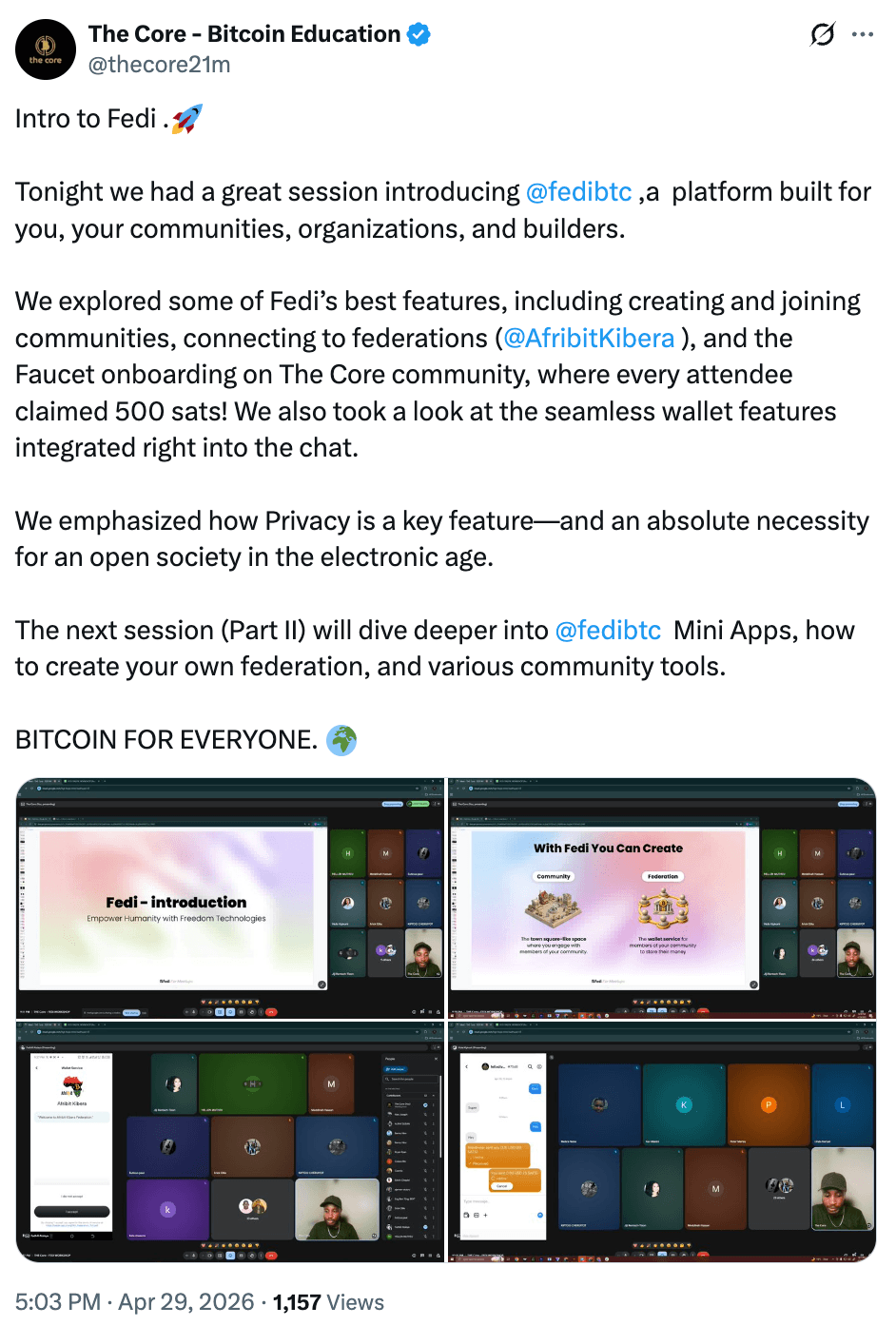 Felix Mukungu of The Core shares a post on X about introducing Fedi to students, including features like federations, communities, and the Faucet