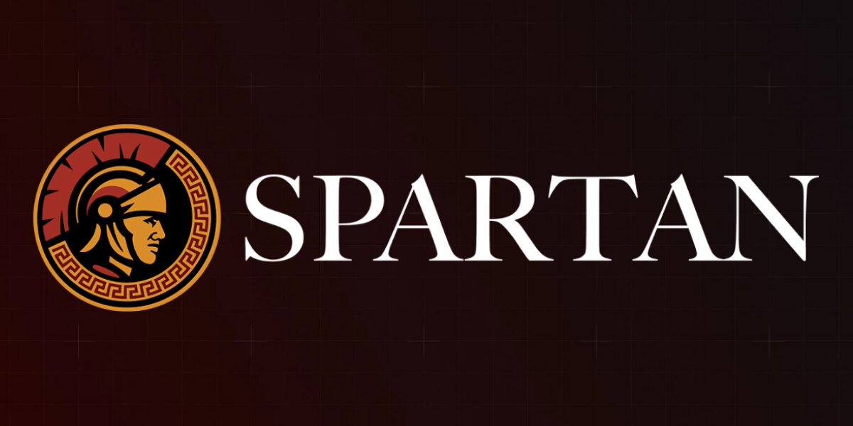 Logo with the word "SPARTAN" in bold white text on a dark background. To the left, a Spartan helmet emblem in red and gold with a circular border.