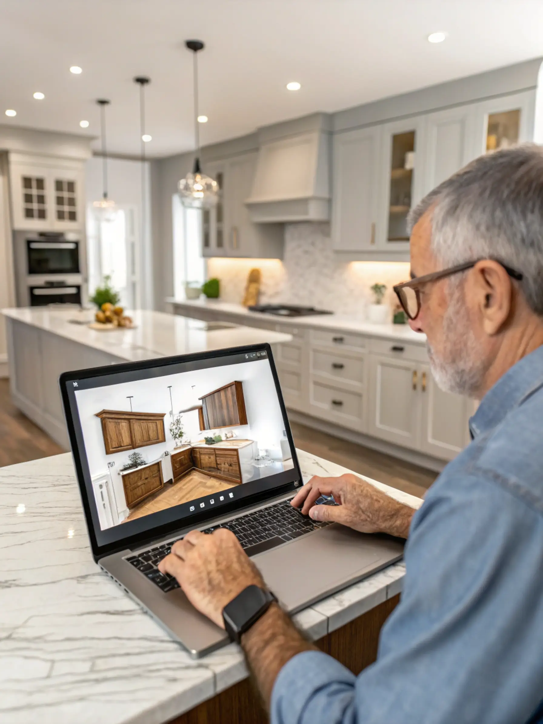 Photographie d'un homme qui réalise un plan 3D d'une cuisine grâce à sa franchise