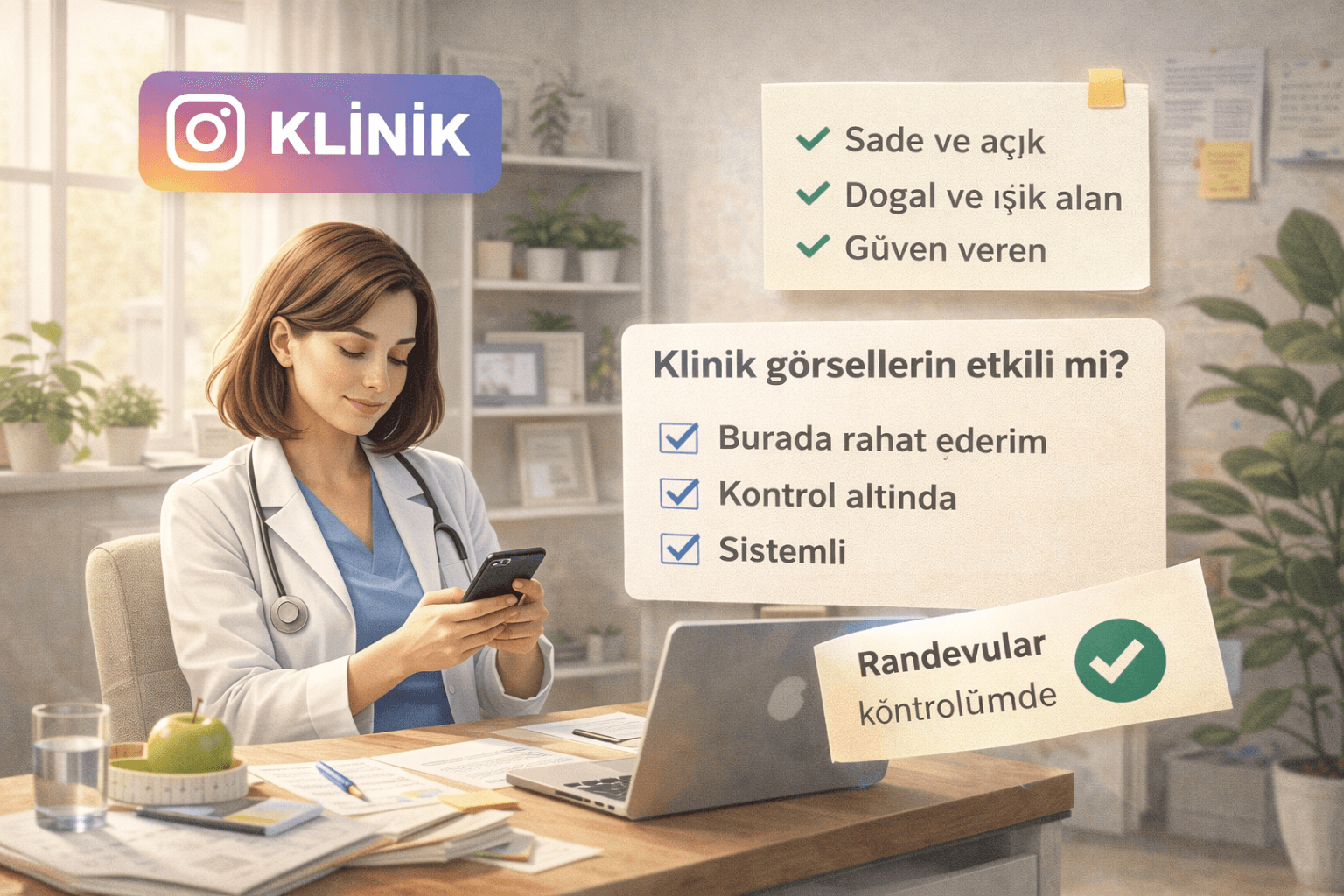 Doğal ışık alan sade bir diyetisyen kliniğinde, masasının başında çalışan bir diyetisyenin güven veren ve düzenli bir klinik ortamı yansıtan gerçek çalışma anı.