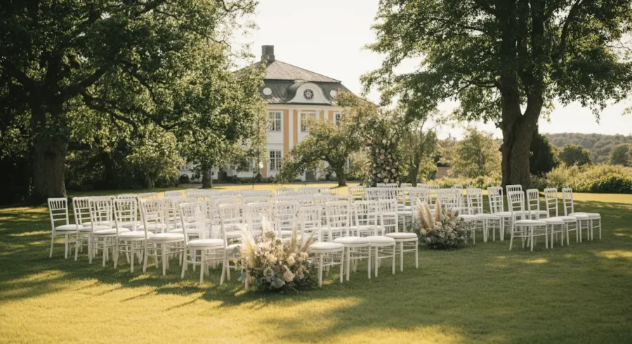 A circular arrangement of chairs on a grassy lawn, surrounded by trees and a building in the background.