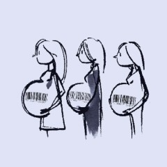 Portada de ¿Abolir o regular?: claves para el debate sobre maternidad subrogada, apunte de política pública de IdeaPaís, mostrando una ilustración de mujeres embarazadas.