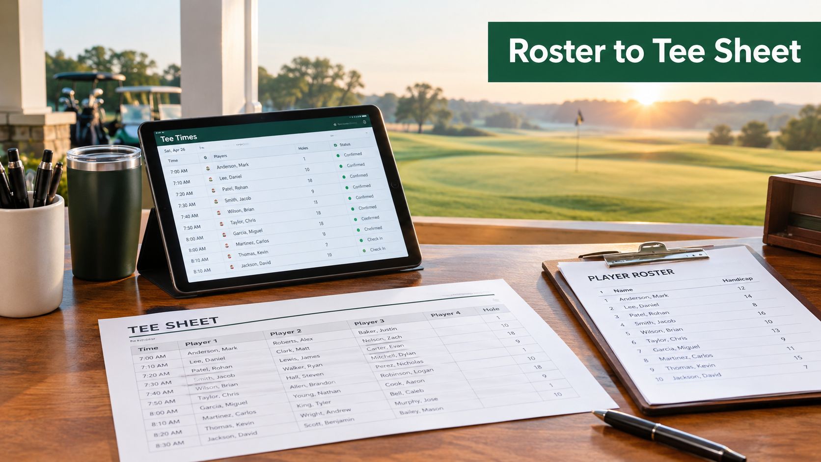 A digital tablet and paper documents displayed on a table for golf tournament roster management.