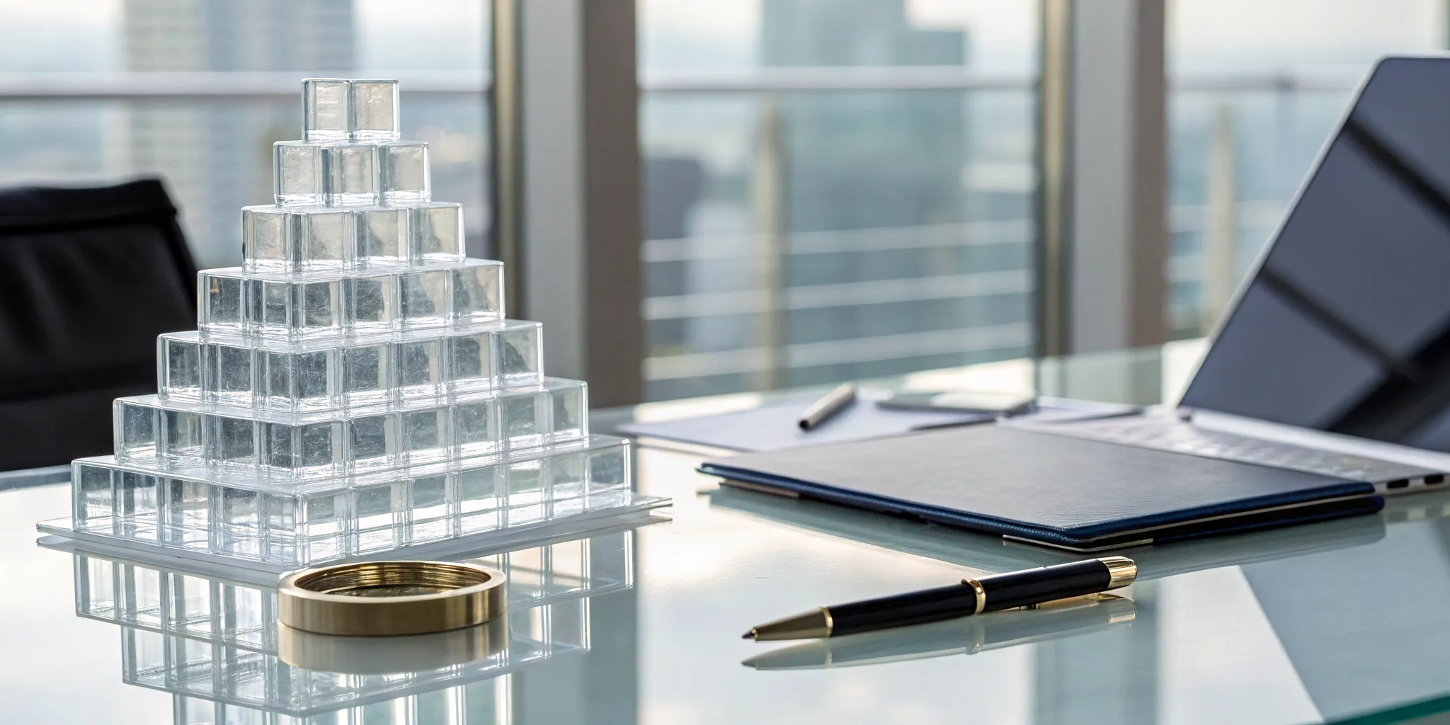 Glass pyramid on a desk with a notebook, representing a guide to structured note investing.