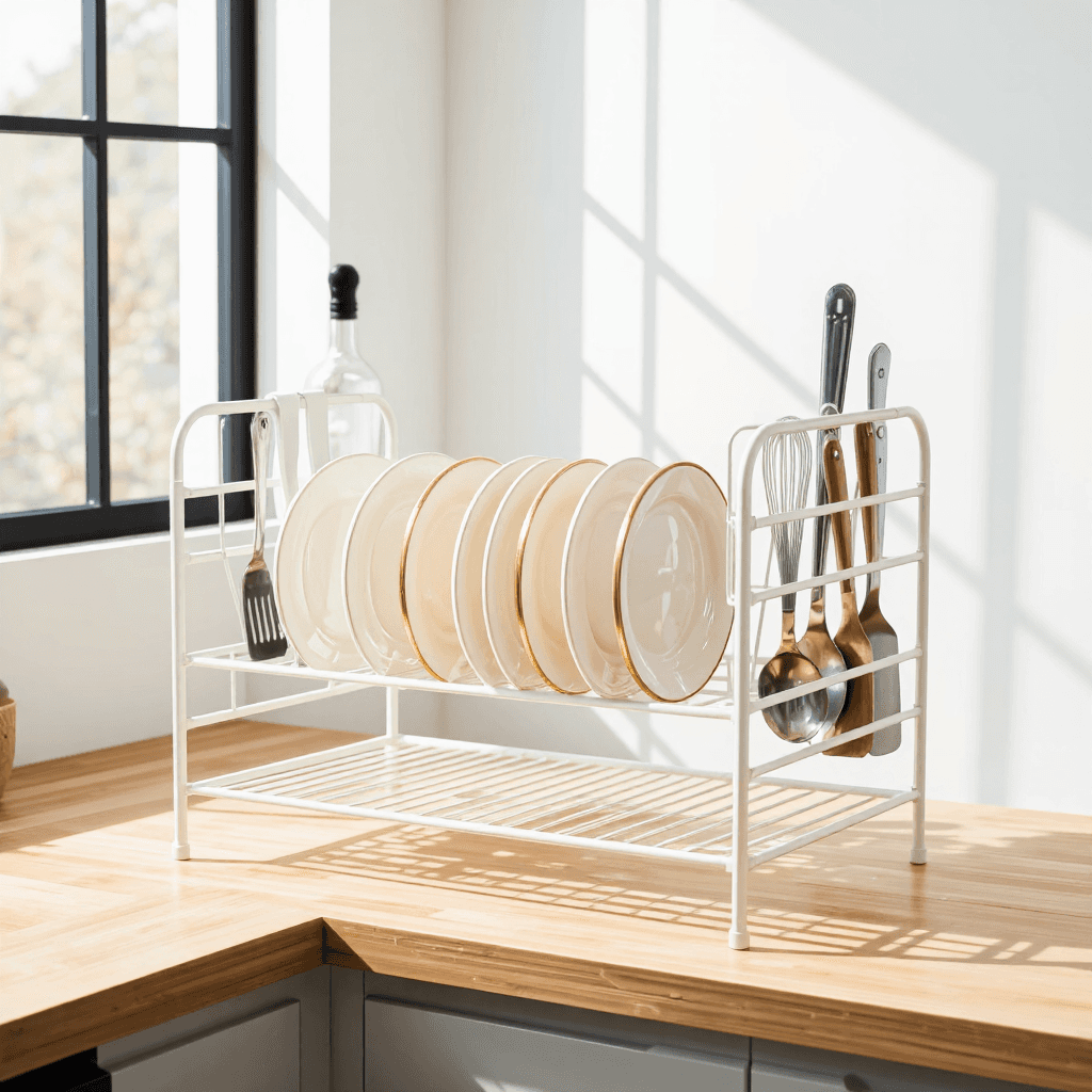 product photography of a dish drying rack with plates and utensils
