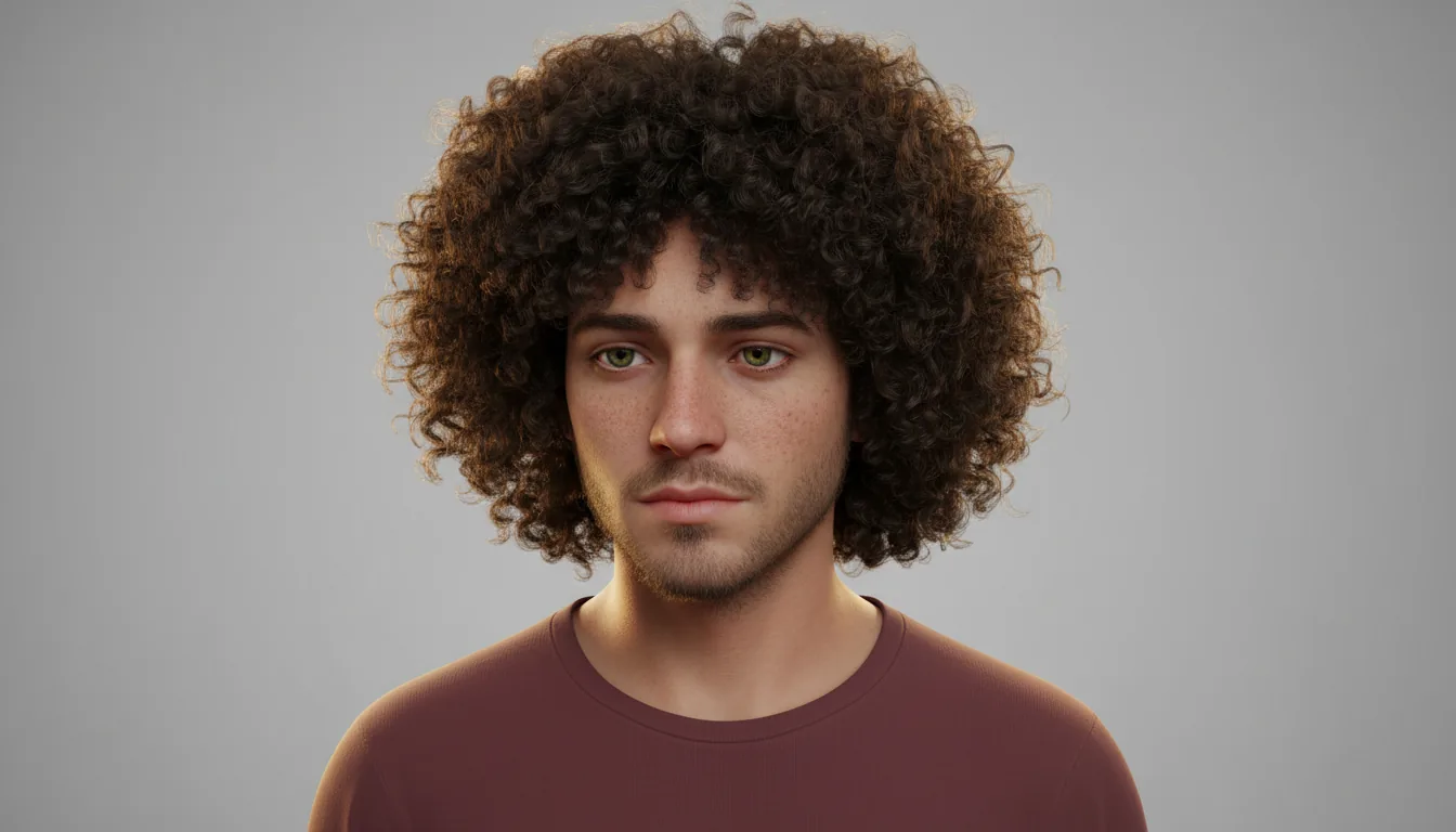 A hyperrealistic 3D character portrait created in Autodesk Maya, depicting a young man with a voluminous mop of curly brown hair and pensive hazel eyes. The subject has detailed skin texture with visible pores, freckles, and light stubble. The composition is a bust shot with soft studio lighting and a strong golden rim light accentuating the hair. He wears a simple maroon crew neck t-shirt and is set against a clean, light gray studio backdrop.