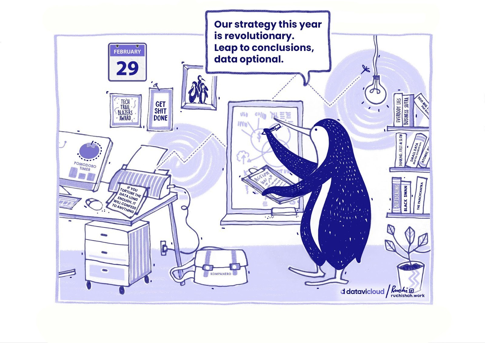 A satirical comic showing two penguins watching a nostalgic television screen that says "Gone With The Wind". One penguin asks, "What happened to our DEI program?" while the other explains that the budget was shifted to buy more AI tools. The comic is titled "Corporate DEI Efforts: Now Streaming, But Only for Nostalgia"