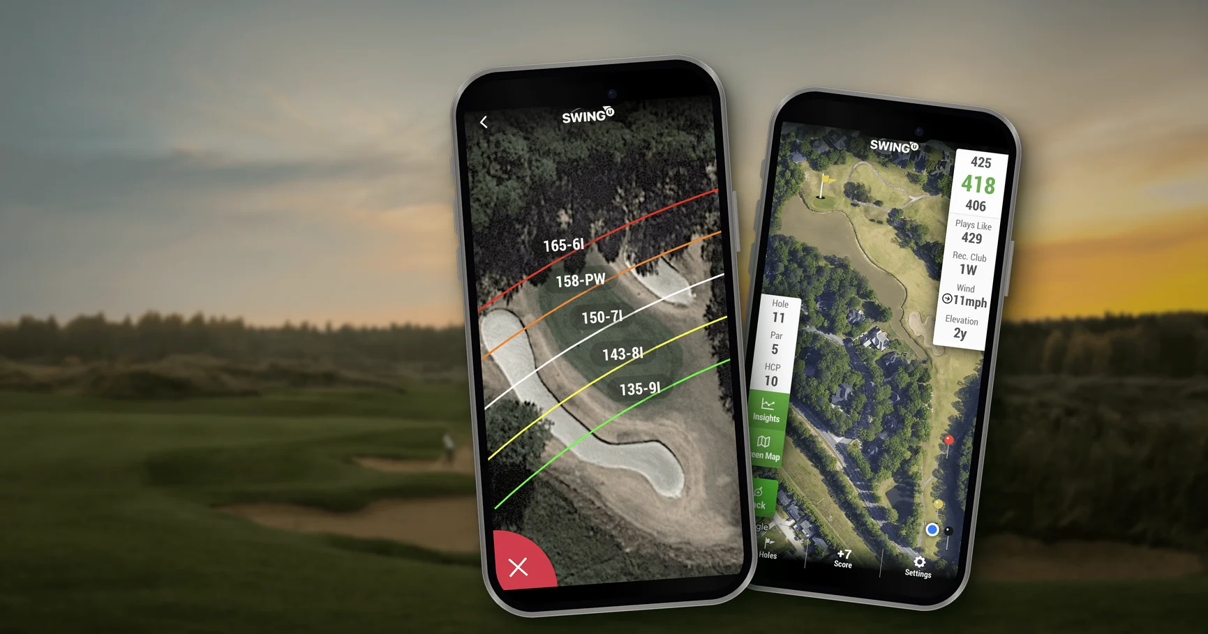 Two iPhones showing SwingU's GPS view with club distance arcs over a green and bunkers, and the hole view with green yardages, a Plays Like distance, a recommended club, wind and elevation, against a blurred golf course at sunset
