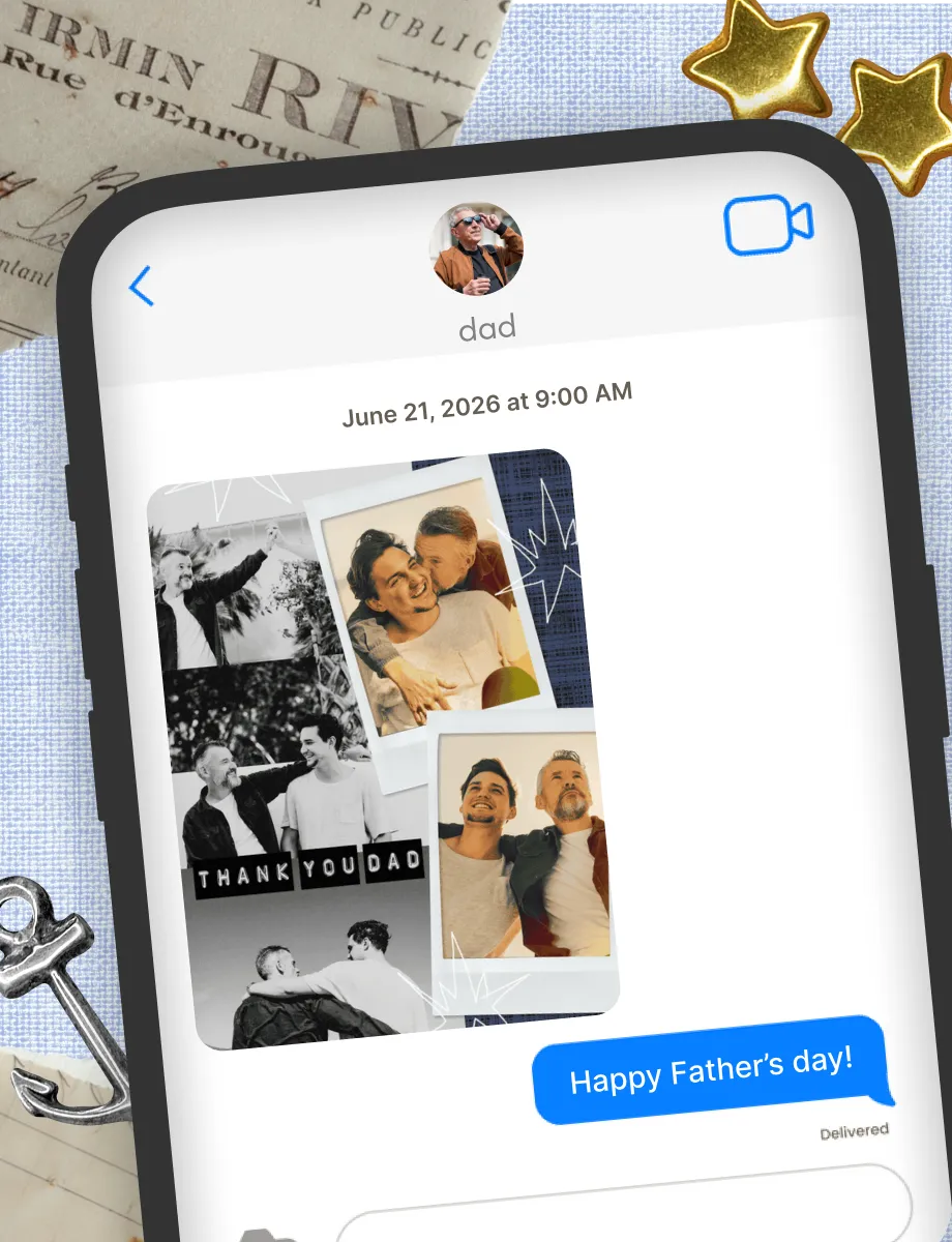 Father's Day card sent via text message: a 'Thank You Dad' Polaroid photo collage with a 'Happy Father's day!' chat reply.