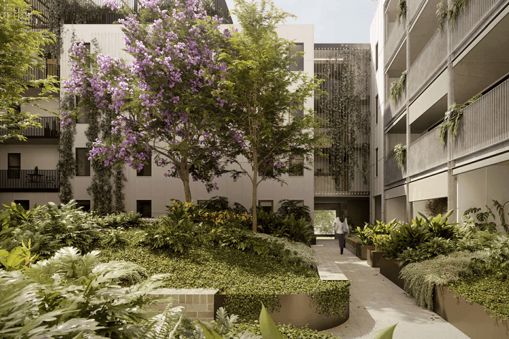 Architectual wood-furniture in front of plain grey wall