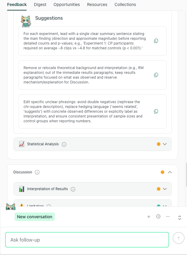 list of actionable suggestions for improving clarity and structure in scientific paper results section