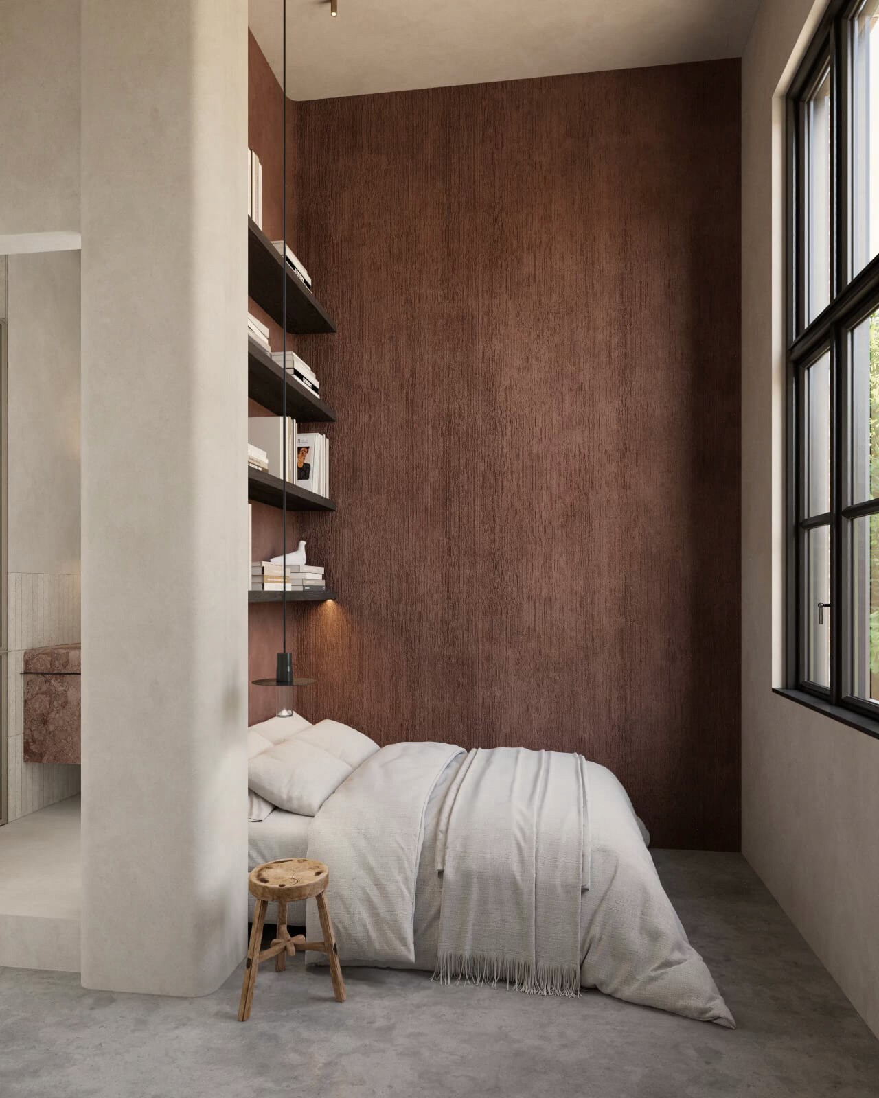 A snug bedroom with rich, earthy tones, minimalist shelving, and soft linens for a welcoming and restful atmosphere