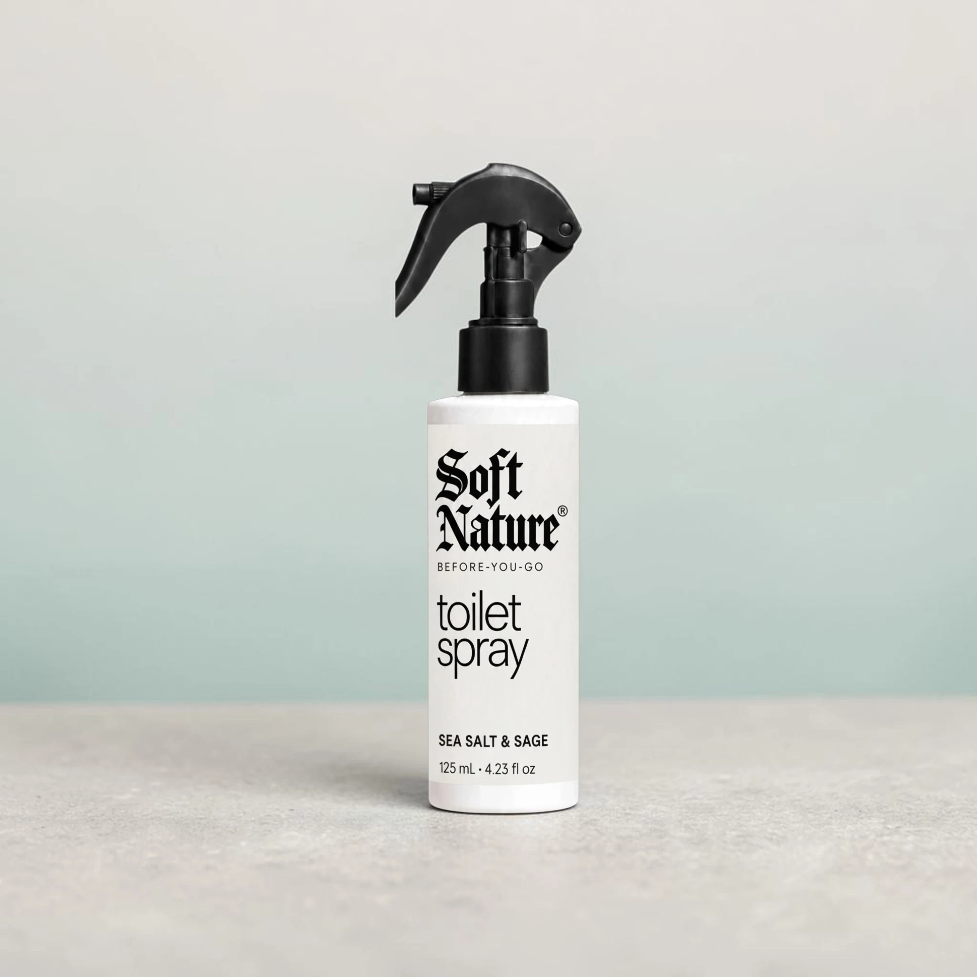 SOFT NATURE Sea Salt & Sage before-you-go toilet spray, 125 mL bottle with a black label and black trigger sprayer.