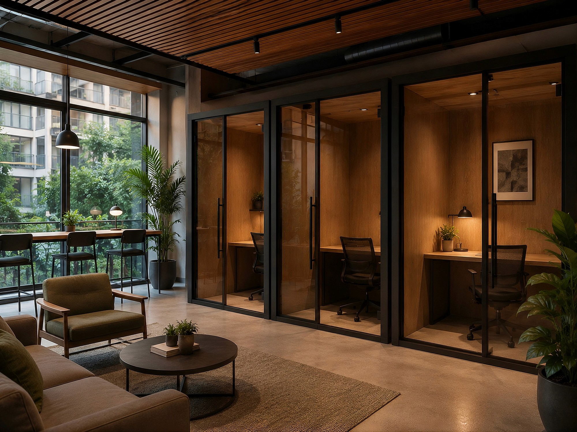 A communal workspace area featuring individual, glass-enclosed private office pods.
