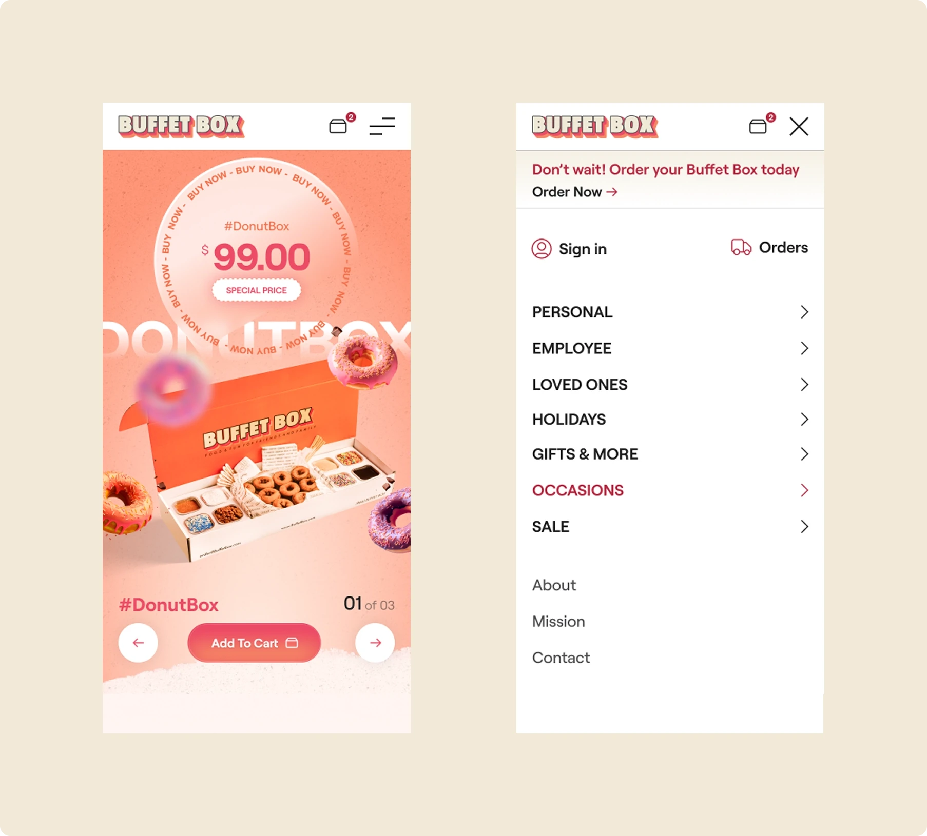 Two Buffet Box mobile screens show a cheerful pink $99 donut box promotion with pastries and Add to Cart beside an open category menu.