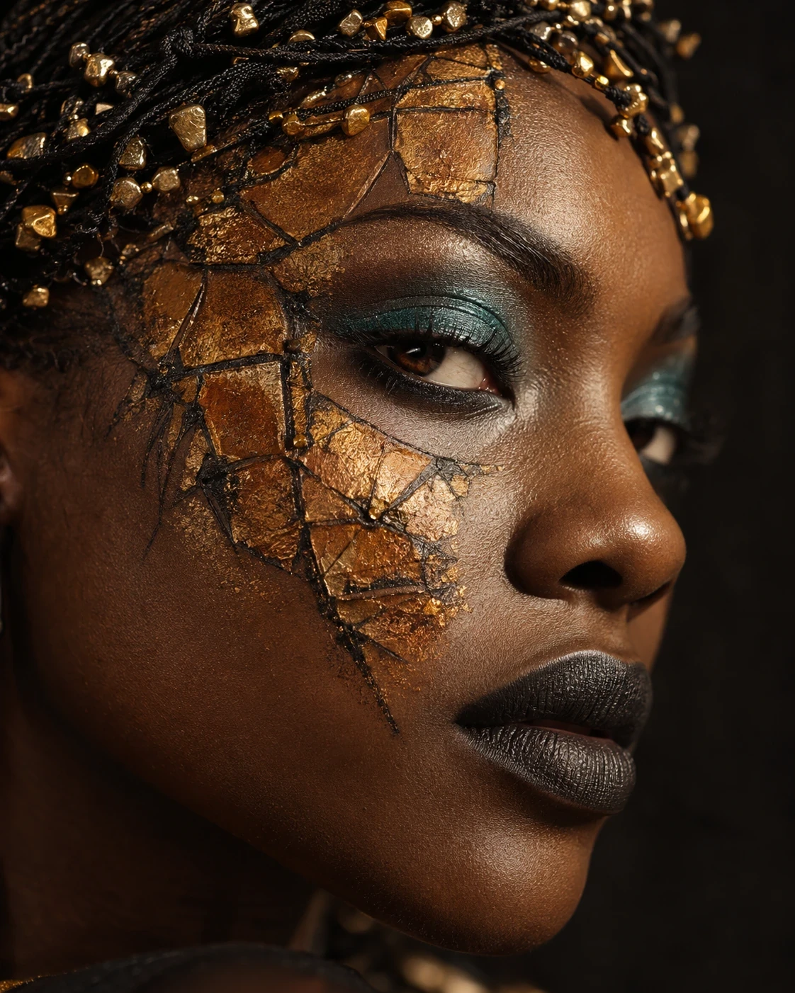 Close-up portrait with gold mosaic makeup, teal eyelids and beaded braids