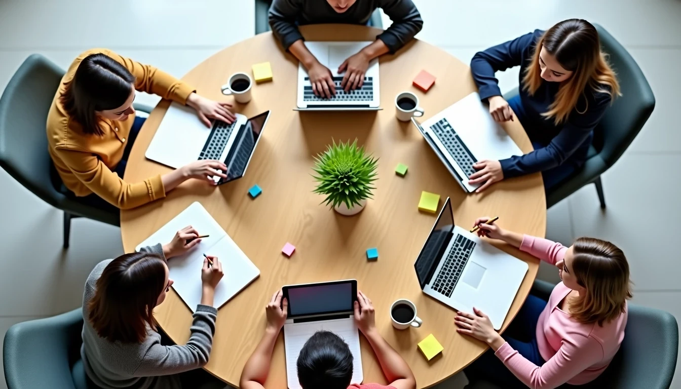 Aerial picture looking down on 6 people working at laptops. 