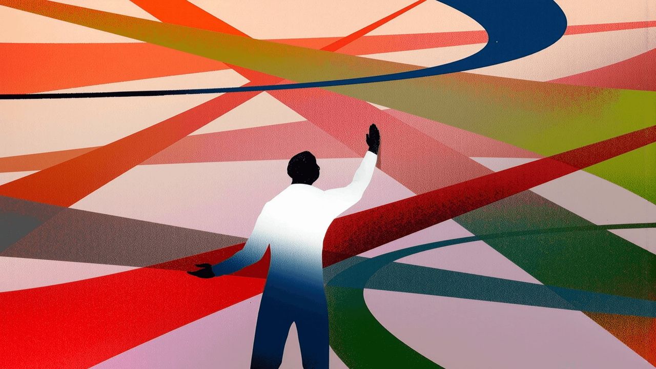 Abstract illustration of a lone figure reaching upward amid intersecting colorful paths.