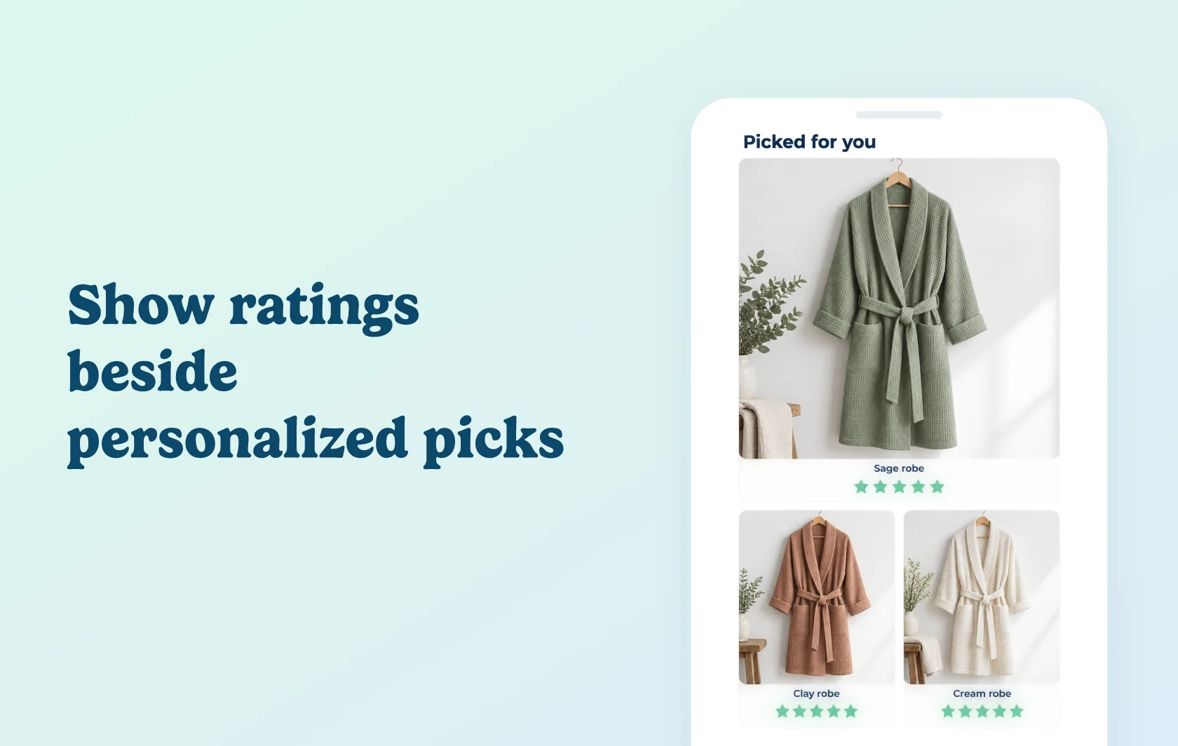 Judge.me and LimeSpot integration: illustration of personalized recommendations showing three waffle bathrobes with product star ratings.