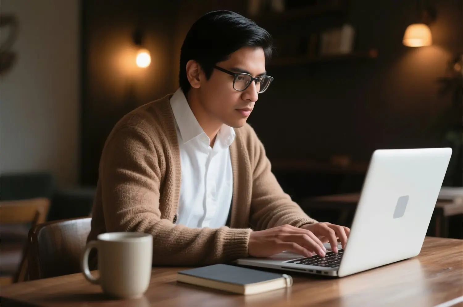 Man working on a laptop at a wooden table in a cozy café.