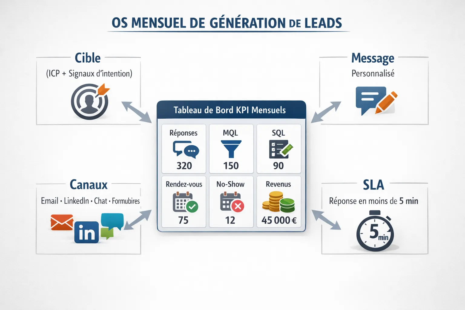 Schéma épuré d’un « OS mensuel de génération de leads » en 4 piliers : Cible (ICP + signaux d’intention), Message (personnalisé), Canaux (email, LinkedIn, chat, formulaires), SLA (réponse en moins de 5 minutes). Au centre, un tableau de bord avec KPI mensuels : réponses, MQL, SQL, rendez‑vous, no‑show, revenus.