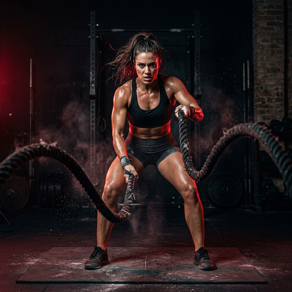 athlete lady pulling ropes