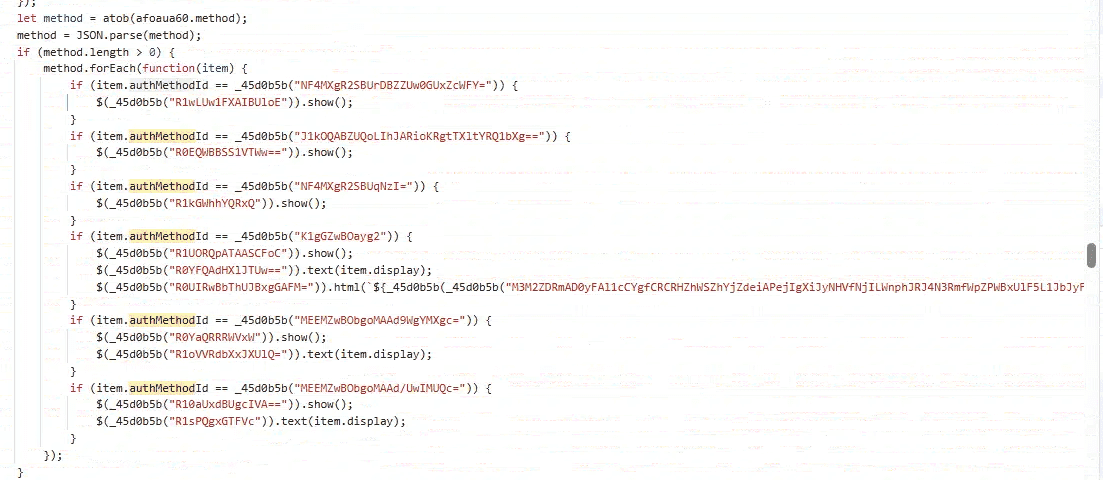 Ein Screenshot von JavaScript-Code, der mehrere bedingte Anweisungen und Methodenaufrufe zeigt, mit verschiedenen Funktionen im Zusammenhang mit der Autorisierung und Anzeige von Elementen. Der Code scheint die 'Salty2FA Multi-Stage Phishing'-Logik mit verschleierten Zeichenfolgen und Methodenevaluierungen zu beinhalten.