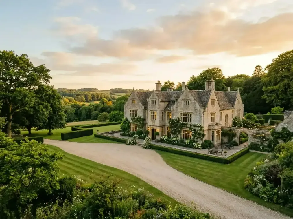 Panoramic view of a historic stone manor house within a vast green landscape at sunset