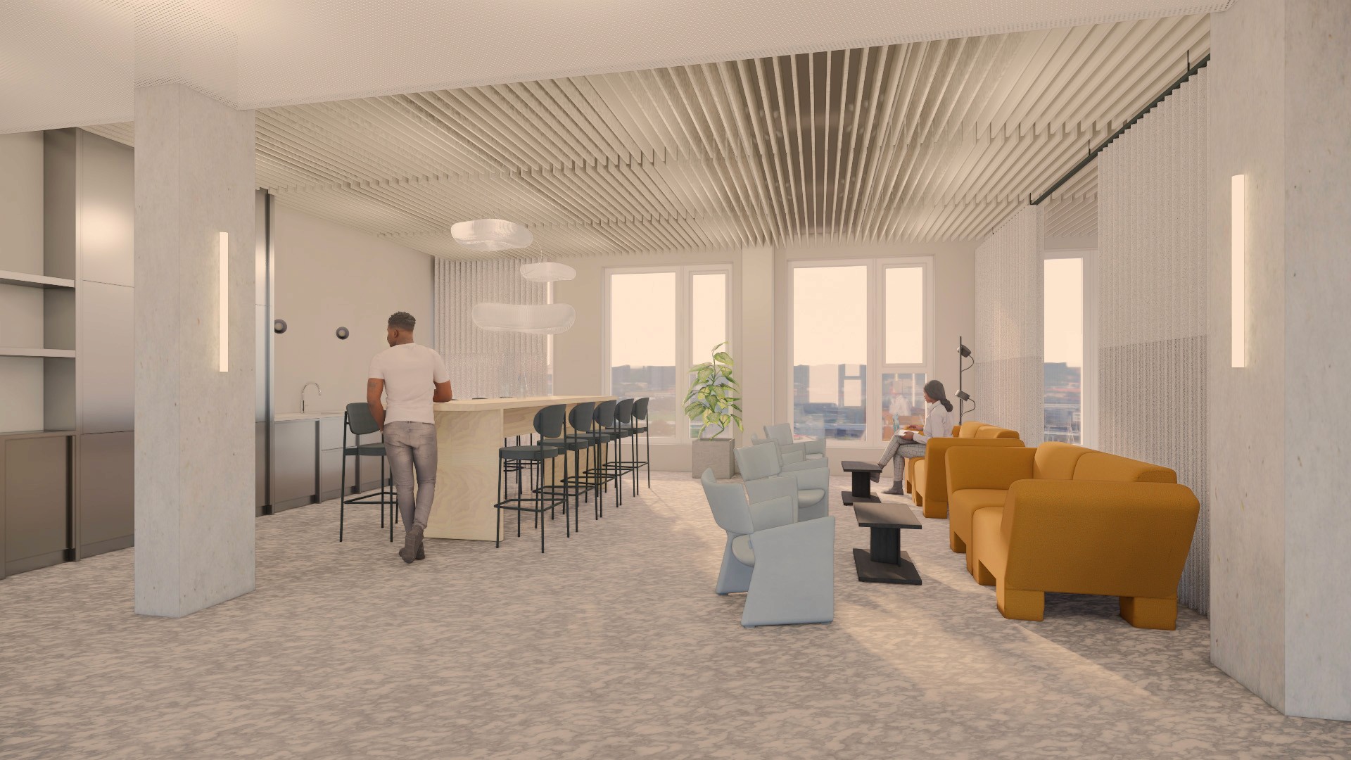 New-Work-Office mit dynamischer Raumaufteilung, offenen Arbeitsbereichen und unterstützenden Gestaltungselementen