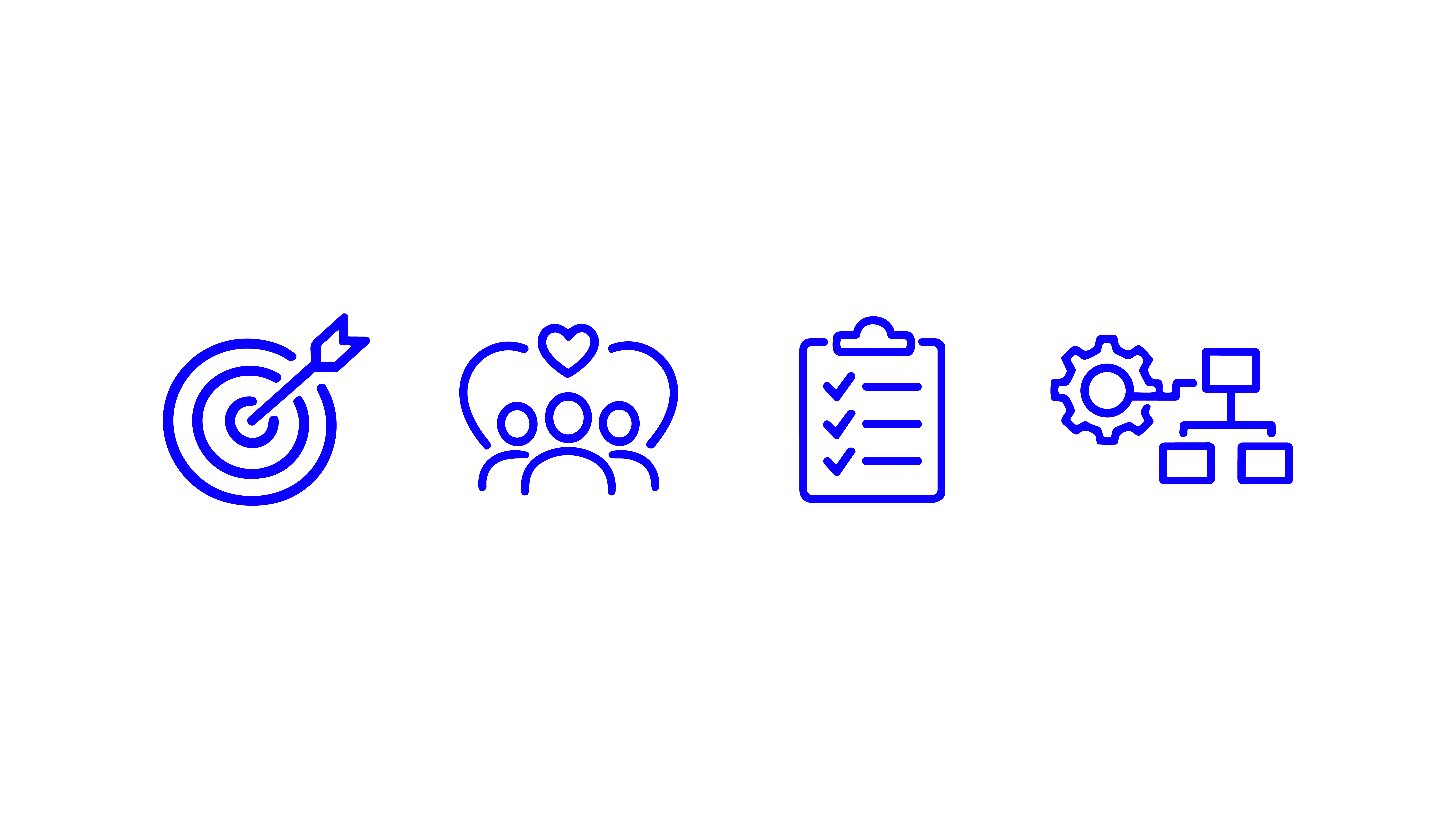 Four blue line icons show a target, audience group, checklist, and workflow diagram representing branding strategy.