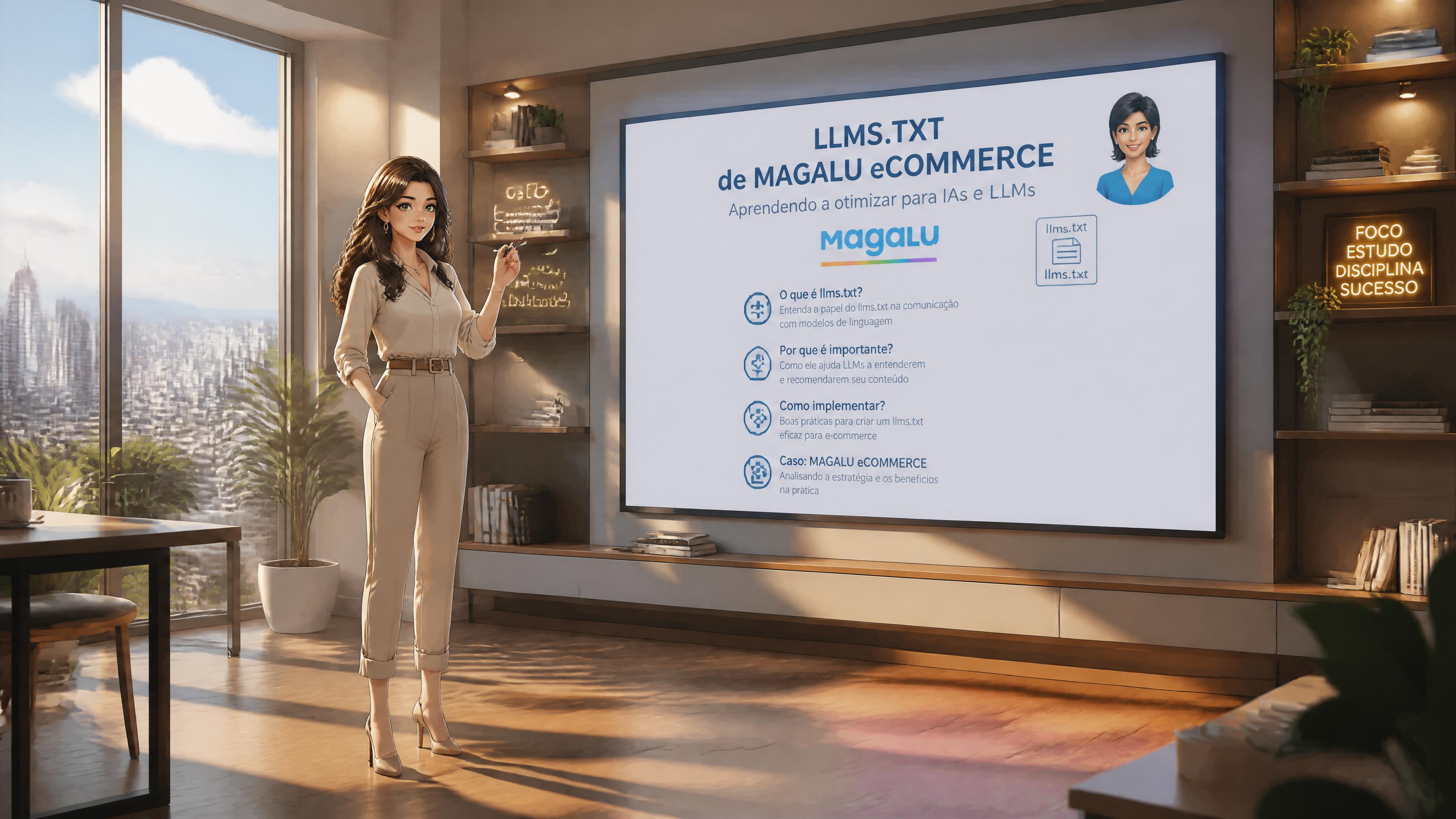 Beautiful anime woman named Eva, age 24, long dark brown hair, emerald green eyes, intelligent and friendly expression, elegant casual outfit, standing confidently as an SEO teacher learning about LLMS.TXT of MAGALU eCOMMERCE