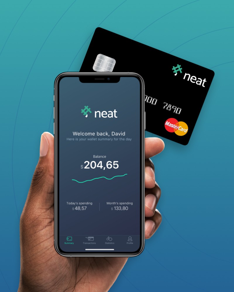 Neat mobile app showing dashboard and physical Neat credit card