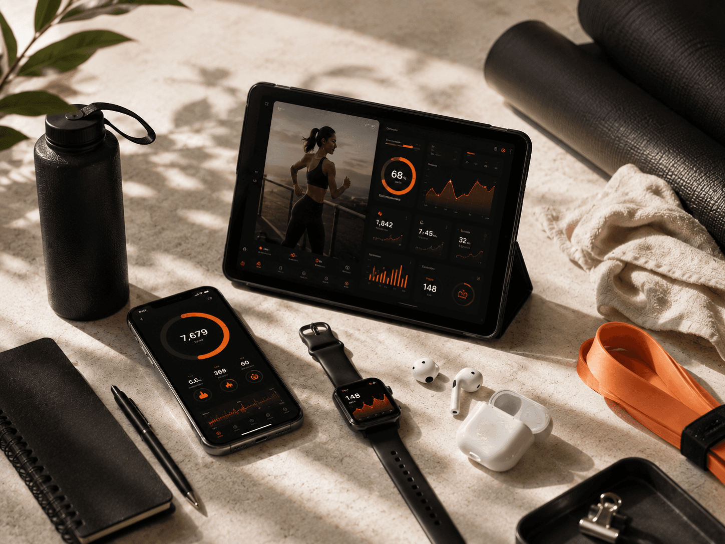 Collection of fitness app screens displayed on multiple smartphones alongside a smartwatch, earbuds, water bottle, resistance band, and notebook, highlighting workout tracking, recovery, nutrition, heart rate, and activity analytics.