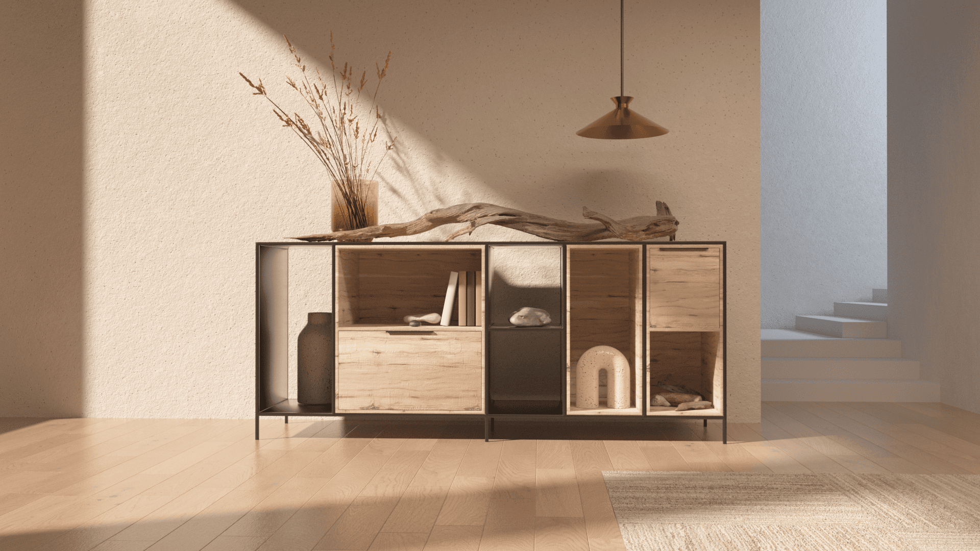 Interior rendered scene of a cabinet with decorative elments on it at daytime