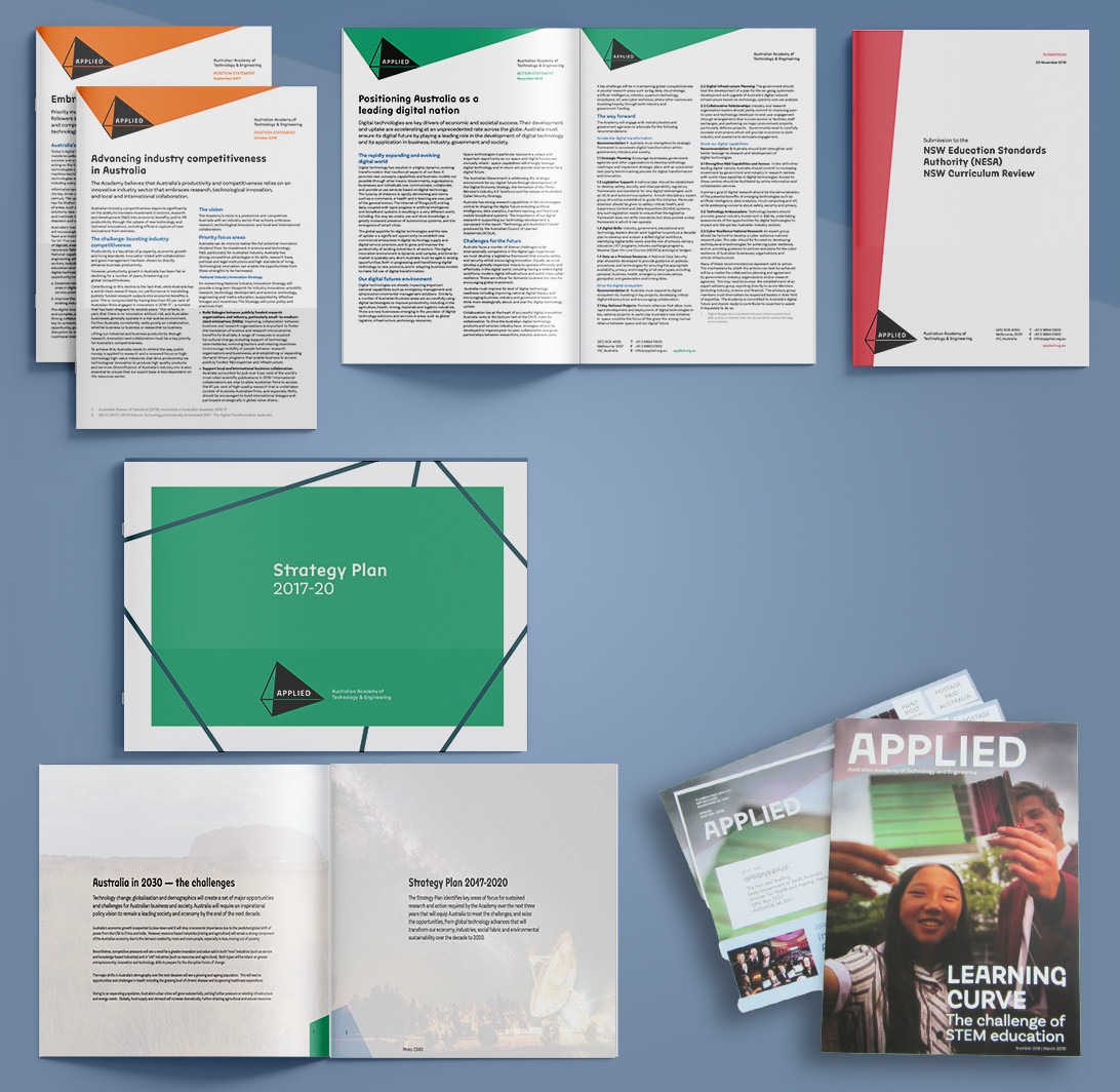 ATSE reporting outputs, magazine cover and postage-paid fly sheet template