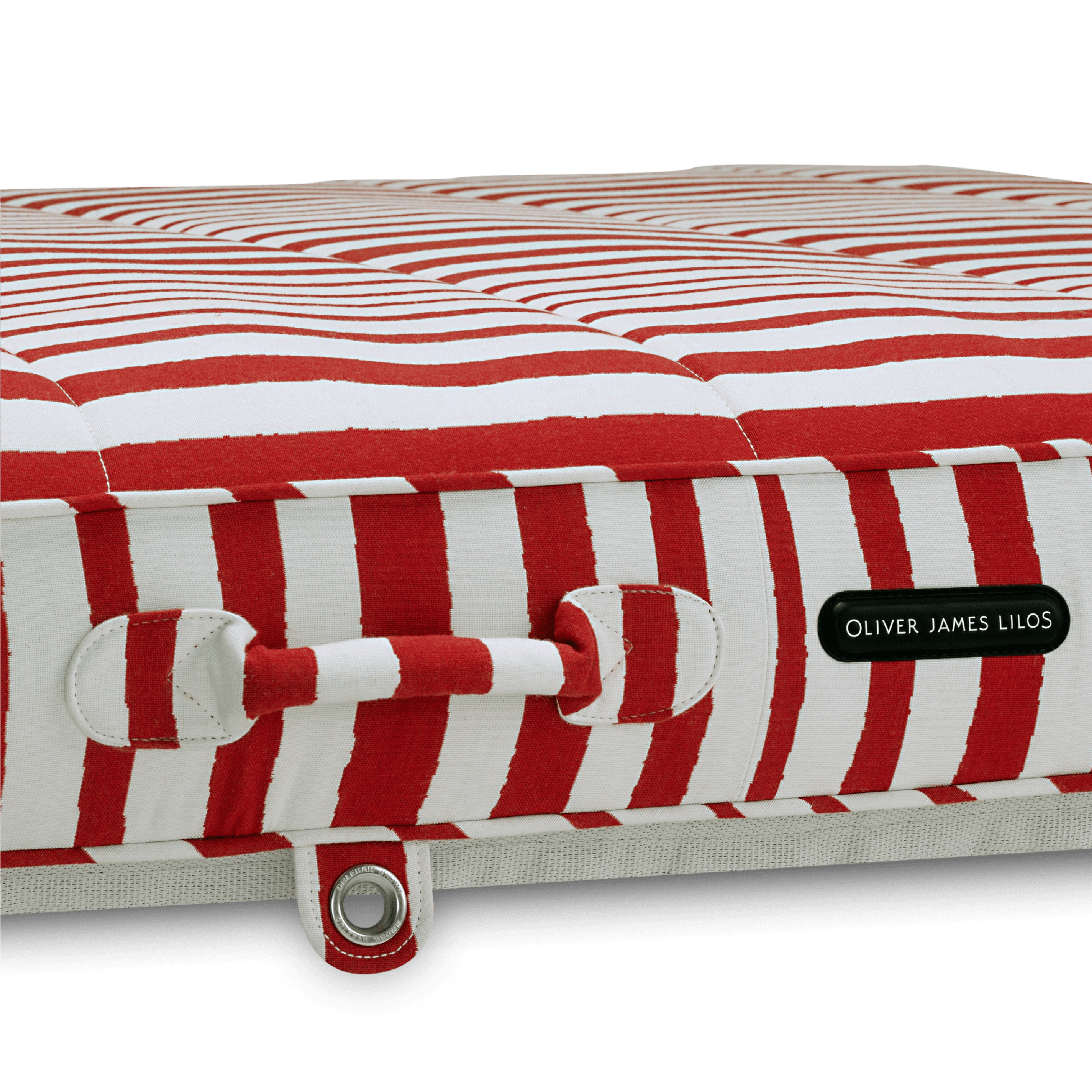 Close-up of pool float showing multi-colour canvas handle, co-branded eyelet, and topstitched seams