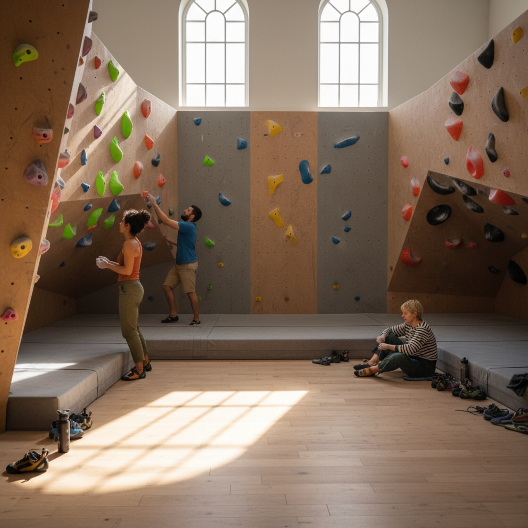 Die Mattenfläche wirkt angenehm verteilt belegt, einzelne Kletternde arbeiten ruhig an Projekten. Sonnenlicht zeichnet Streifen auf den Boden, die Wand ist klar strukturiert. Keine Warteschlangen, keine Hektik. Die Atmosphäre vermittelt geregelte Auslastung und Raum zum Trainieren.