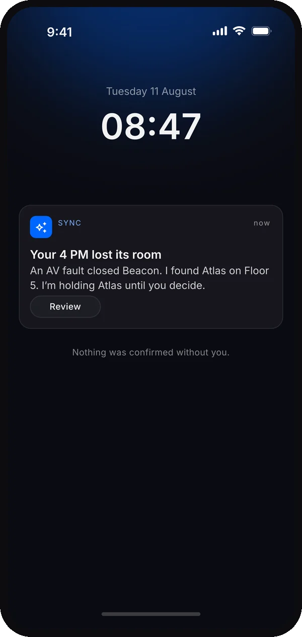 Notification: Your 4 PM lost its room, Sync is holding Atlas