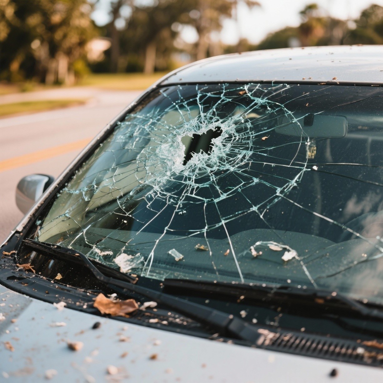 Car windshield cracked from coastal weather and road debris in Oldsmar, Florida