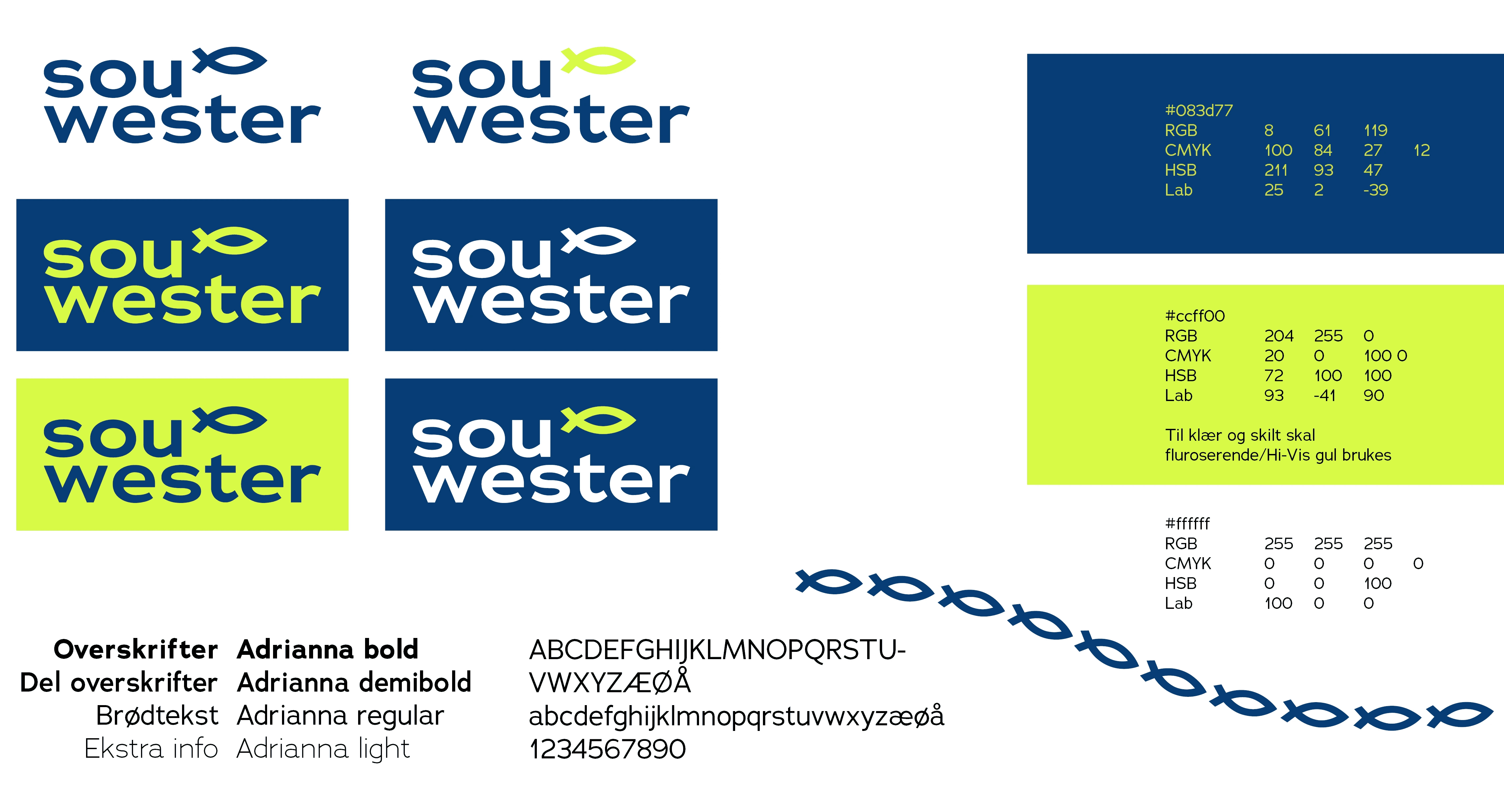 visuell idnentitet for souwester, her kan man se alle logo varianter, typografi, farger og støtteelement