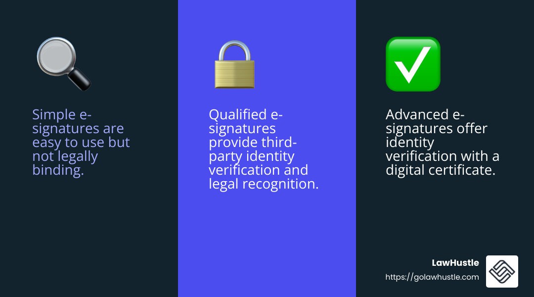 Understanding the types of e-signatures can help businesses choose the right level of security and legal recognition for their needs. - automate signing documents infographic 3_facts_emoji_blue
