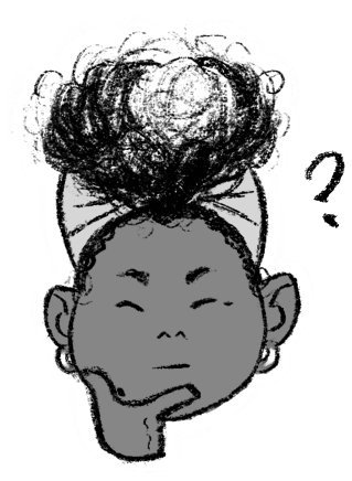 An image showing a black and white characterized illustration of Lia with her hand on her chin, thinking.