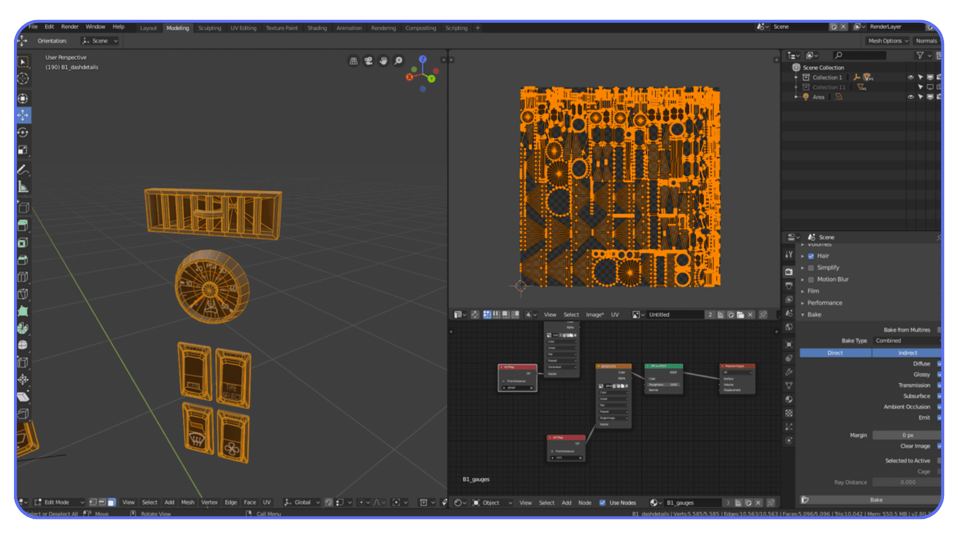 Blender UV layout and shader nodes displayed while baking textures for faster rendering