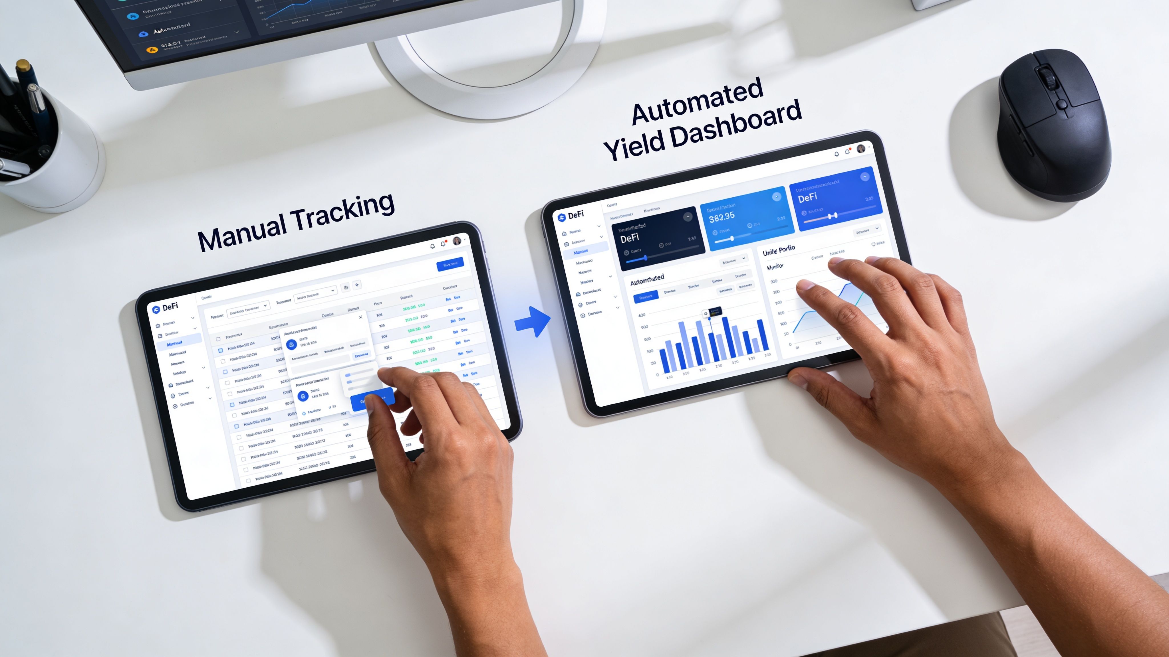 A split comparison of manual tracking versus an automated DeFi yield dashboard on two separate tablets.