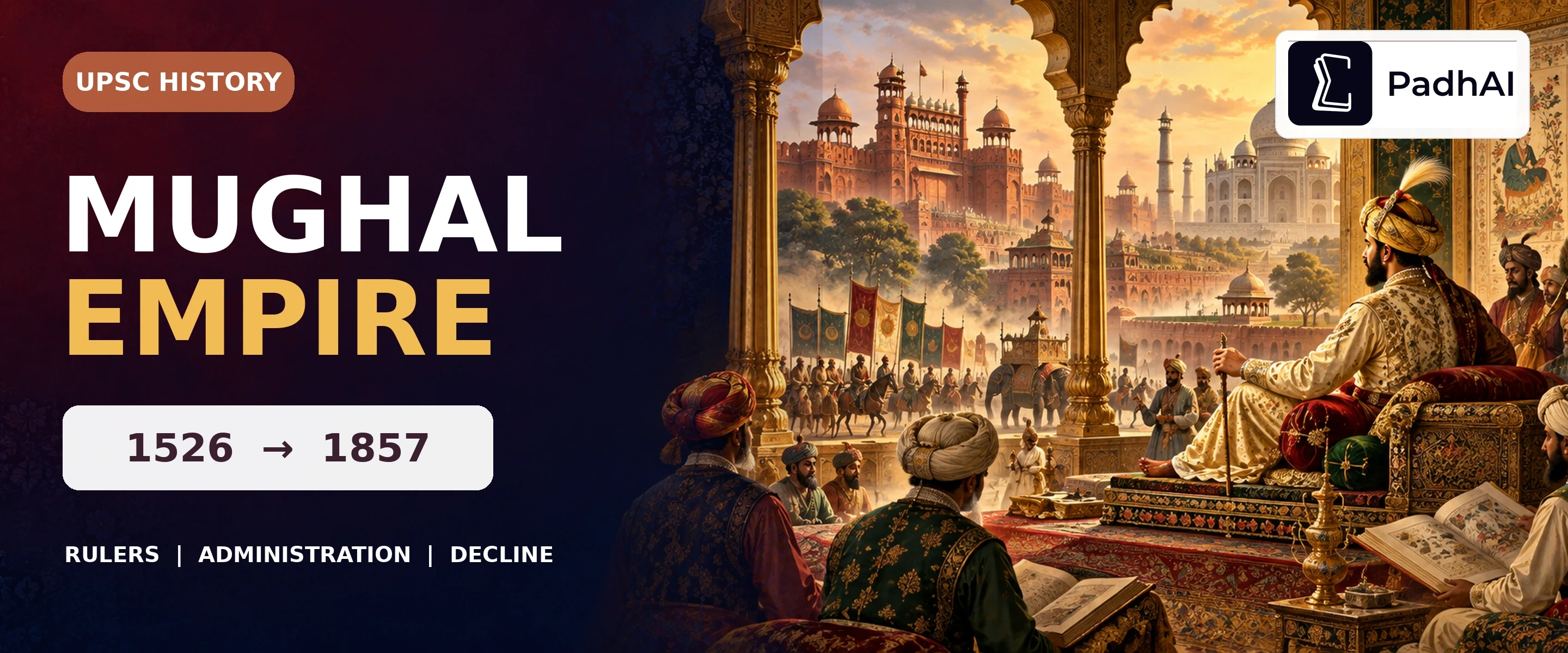 Mughal Empire thumbnail showing an illustrated court, architecture and the 1526 to 1857 timeline.