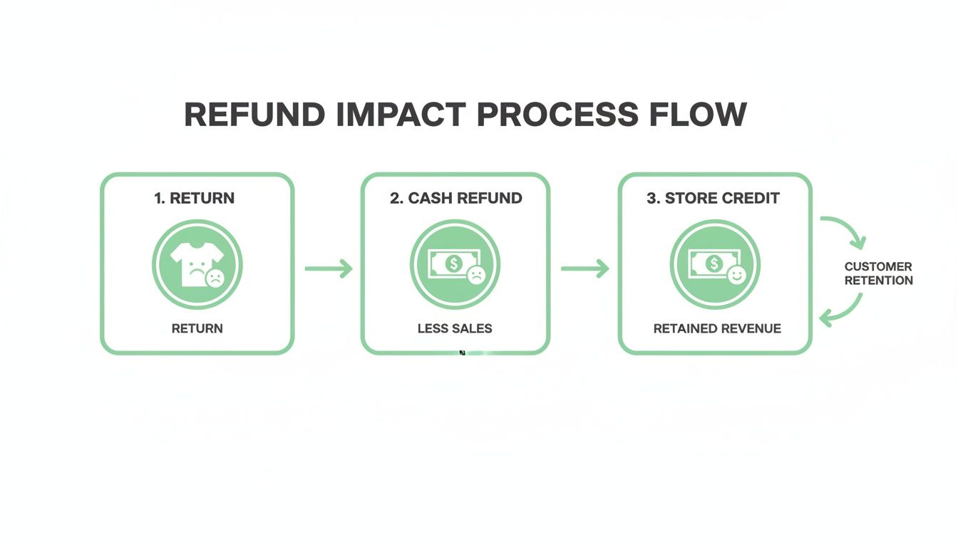 Flowchart showing refund impact process from product return to cash refund (less sales) or store credit (retained revenue), emphasizing customer retention.