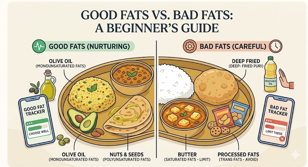 A split-screen infographic titled "Good Fats vs. Bad Fats: A Beginner’s Guide." The left side shows nurturing vegetarian options like olive oil, avocado, and nuts. The right side shows fats to limit, such as deep-fried puri, butter, and processed snacks. Two smartphones display "Good Fat Tracker" and "Bad Fat Tracker" apps.