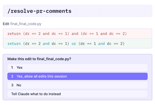 CLI & IDE security interface from CodeAnt AI’s defensive and offensive security platform. Demonstrating defensive security at the developer's first keystroke, before code is committed, showing a /resolve-pr-comments command with an inline code fix suggestion in Python, with user permission controls to allow edits session-wide, supporting zero context switch workflows across all major IDEs to catch and remediate vulnerabilities in real time.