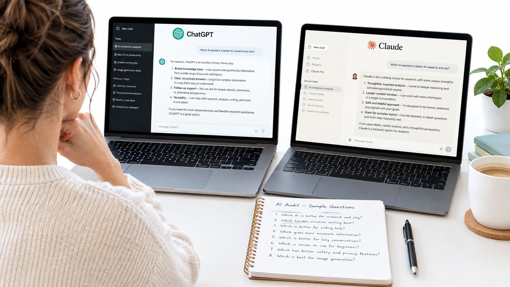 A person uses two laptops displaying ChatGPT and Claude interfaces while taking notes on an AI audit checklist.