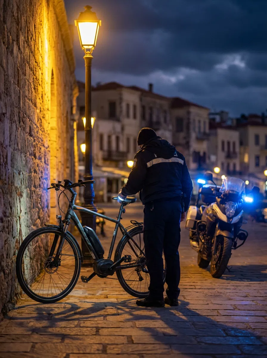 Greek police officer conducting a nighttime roadside check on an electric bicycle in Chania.